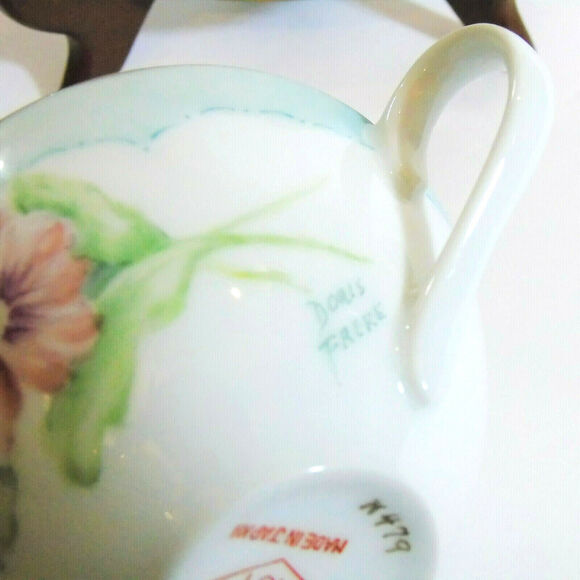 Aci Tea Cup & Saucer Set Porcelain Pansy Flower Hand Painted Signed Doris Frere - Picture 3 of 6